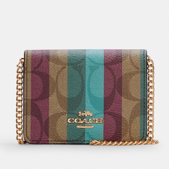 Coach Mini Wallet On A Chain In Signature Canvas With Stripe Print NWT - Picture 1 of 5
